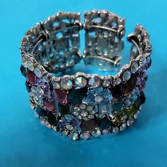 Cocktail Colorful Multi-Color Embellished Floral Rhinestone Stretchable Bangle - Picture 7 of 11
